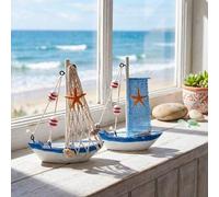 Shein 2 piezas Decoraciones con tema náutico de barcos de vela, modelos de barcos de vela de madera en miniatura, artesanías decorativas creativas de barcos