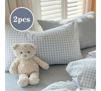 Shein 2 piezas Fundas de almohada a cuadros azules súper suaves y lindas para dormitorio, unisex, lavables a máquina, ropa de cama, par de fundas de almohad
