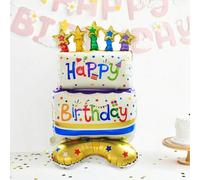 Shein 2 piezas Globos con forma de pastel de cumpleaños vertical de 38 pulgadas con texto "Feliz Cumpleaños", estrellas de colores y confeti - Decoración mu