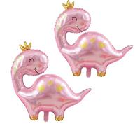 Shein 2 piezas Globos de aluminio de dinosaurio de cuello largo con corona grande color rosa, juego de globos de decoración para fiesta con temática de dino