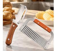 Shein 2 piezas Juego de corte de verduras, rallador de acero inoxidable y cortador de patatas fritas ondulado con mango de madera, herramientas de cocina ad