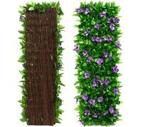 Shein 2 piezas Pantalla de privacidad expandible de hiedra artificial y orquídea - Verde frondoso con flores moradas y orquídeas blancas, barrera decorativa