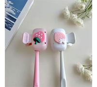 Shein 2 piezas Soporte lindo para cepillo de dientes, contenedor de viaje, diseño de soporte para cepillo de dientes con forma de fresa, color rosa y blanco