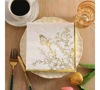 Shein 20/40/80 piezas Servilletas de papel desechables con patrón de mariposas y flores doradas, color blanco y dorado, adecuadas para fiestas de cumpleaños