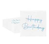 Shein 20 piezas/40 piezas/100 piezas Servilletas de cóctel de cumpleaños feliz blancas y azules con impresión de letras de cumpleaños feliz en azul claro el