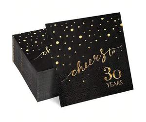Shein 20 piezas de servilletas de 3 capas para fiesta de cumpleaños, con texto dorado en relieve sobre fondo negro para 30, 40, 50, 60 y 70 años, servilleta