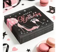 Shein 20 piezas de servilletas de papel desechables negras & rosas para cumpleaños, con patrones de copa de vino, tacón alto, globo, servilletas para fiesta