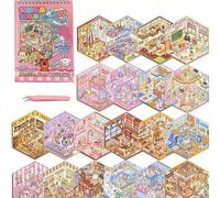 Shein 20 piezas Juego de pegatinas de paisaje mini y lindo, incluye 20 escenas diferentes, pegatinas de paisaje lindo de cabaña, niña capibara, manualidades