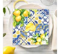 Shein 20 PIEZAS Servilletas desechables decorativas con estampado de limón y azulejos azules, adecuadas para suministros de fiesta y decoración de mesa