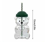 Shein 2026 Nueva Taza de Vidrio con Forma de Mini Oso, Taza con Pajita de Oso de Miel con Tapa de Sombrero Verde y Pajita, Taza de Bebida Transparente con F