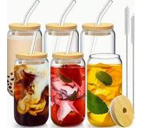 Shein 24/16/8 piezas Juego de vasos de vidrio reutilizables con tapa de bambú, pajita de vidrio y cepillo para pajita, adecuado para café helado, refrescos,