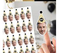 Shein 24/48/96 piezas Pegatinas personalizadas con foto de cara de adulto para cumpleaños, Pegatina de sombrero de fiesta dorado & negro, Decoración de fies