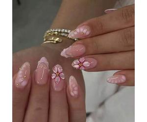 Shein 24 piezas de pegatinas de gel 3D con forma de almendra, diseño de arte de uñas floral, pegatinas de punta francesa, decoración de perlas, kit de uñas