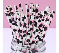 Shein 25/100 piezas Pajitas de papel con estampado de vaca blanco y negro de granja, pajitas desechables adecuadas para cumpleaños, fiestas, hogar, bar, tie