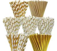 Shein 25/100 piezas/Paquete Pajitas de papel con impresión de lámina de oro, disponibles en múltiples patrones, suministros y decoraciones para fiestas, paj