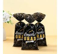 Shein 25/50/100 Piezas Bolsa de regalo de graduación negra y dorada, bolsa de envoltura de regalo con diseño de gorra de graduación negra, bolsa de tela, pe