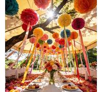 Shein 25 piezas/19 piezas Juego de bolas de flores de papel de colores, bolas de flores de papel estilo bohemio - Decoración floral colgante de colores, ade