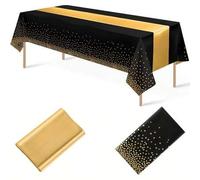 Shein 2pcs/8pcs, 1 pieza/4pcs Manteles de plástico desechables y 1 pieza/4pcs Juego de caminos de mesa de satén, Mantel de lunares negros y dorados, Camino