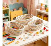 Shein 3 piezas/1 pieza Cesta de almacenamiento ovalada grande y colorida tejida a mano, cesta de cuerda estilo bohemio, adecuada para cocina, baño, habitaci