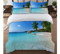 Shein 3 piezas Conjunto de ropa de cama con estampado de playa y vista al mar, juego de ropa de cama con paisaje para la decoración del dormitorio (1 funda