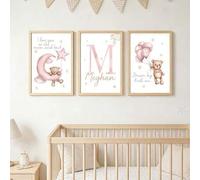 Shein 3 piezas de arte de pared personalizado con oso rosa para guardería, impresiones de arte con nombre personalizado, imágenes de luna y estrellas lindas