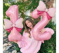 Shein 3 piezas Globos de número rosa con gran lazo, conjunto de globos de aluminio, adecuado para decoraciones de fiestas de cumpleaños de princesa, suminis