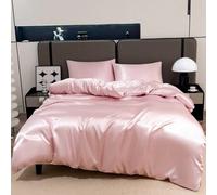 Shein 3 piezas Juego de ropa de cama de satén de seda color rosa pálido de lujo, suave y transpirable, resistente a las arrugas, promueve un mejor sueño, es