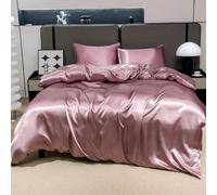 Shein 3 piezas Juego de ropa de cama de satén de seda color rosa pálido de lujo, suave y transpirable, resistente a las arrugas, promueve un mejor sueño, es