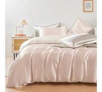Shein 3 piezas Juego de ropa de cama de satén de seda de lujo en rosa y blanco, suave y transpirable, resistente a las arrugas, promueve un mejor sueño, est