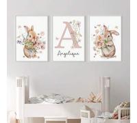 Shein 3 piezas Póster de arte personalizado con nombre, conejo personalizado, arte floral de pared, imagen de dopamina, decoración de habitación para niñas,