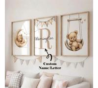 Shein 3 piezas/Set Póster de lienzo sin marco personalizado - Arte de pared con oso de peluche con nombre personalizado, estrellas, luna, bandera, pintura d