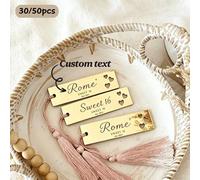 Shein 30/50 piezas Tarjetas de lugar/Marcadores/Tarjetas de asiento personalizadas con borla de acrílico con acabado de espejo dorado, diseño de corazón hue