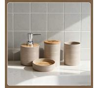 Shein 4/6 piezas Juego de baño de bambú, incluye cepillo de inodoro, vaso de enjuague, soporte para cepillo de dientes, jabonera, papelera y botella de loci