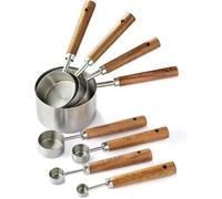 Shein 4/8 piezas Juego de herramientas de medición para hornear, tazas y cucharas de medir de acero inoxidable, cucharas de medir con mango de palo de rosa,