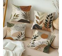 Shein 4 piezas 45*45cm/50*50cm/40*40cm Fundas de almohada con ilustración minimalista de bloque de color de planta y puesta de sol bohemia [Impresión de un