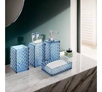Shein 4 piezas Elegante Conjunto de Decoración de Baño Geométrico Azul - Incluye Dispensador de Jabón, Portacepillos, Vaso para Cepillos de Dientes, Botella