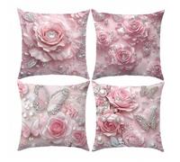Shein 4 piezas Fundas de cojín decorativas de terciopelo suave de color melocotón con mariposas y flores 3D de perla rosa, de 45*45cm/50*50cm/40*40cm para d