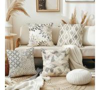 Shein 4 PIEZAS Fundas de cojín decorativas florales geométricas con hojas botánicas de color gris claro de poliéster, fundas de cojín modernas y neutras par