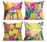 Shein 4 piezas Fundas de cojín/Fundas de cojín con patrón de limón y hoja de palma en acuarela, Fundas de almohada decorativas impresas por un solo lado par