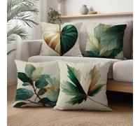 Shein 4 piezas Fundas de cojín vintage con hojas doradas y verdes, estampado unilateral de terciopelo melocotón, 45*45CM/18*18 pulgadas, Fundas de cojín par