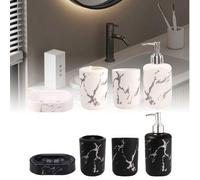Shein 4 piezas Juego de accesorios de baño con patrón de mármol de lujo, recargables, que incluye botella de loción, vaso para enjuague bucal, jabonera y so