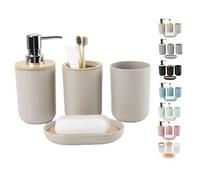 Shein 4 piezas Juego de accesorios de baño de lujo, Juego de suministros de baño de plástico y bambú que incluye botella de loción, portacepillos de dientes