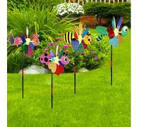 Shein 4 sets Molinillos de viento de colores con diseños de abeja, insecto y libélula con lentejuelas 3D estilo dibujos animados - Decoraciones de jardín y