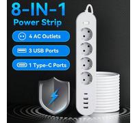 Shein 4 tomas de CA, 3 puertos USB, 1 puerto Tipo-C, regleta con protector contra sobretensiones, cable de extensión de 5ft/10ft/15ft, adecuado para cocina,