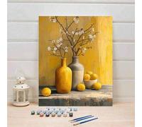 Shein 40x50cm/16x20in Pintura al óleo digital DIY de naturaleza muerta con jarrón amarillo y flores de limón, artesanía hecha a mano para adultos, decoració