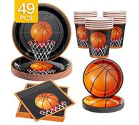 Shein 49/25/8 piezas Juego de platos, servilletas y vasos desechables con temática de baloncesto en negro & naranja, suministros para fiestas para 8 invitad