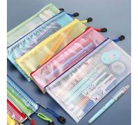 Shein 5 piezas de bolsas de archivo con cremallera de malla de PVC transparente, estuches para lápices de papelería, bolsas para boletos, bolsas de almacena
