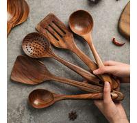 Shein 5 piezas Juego de utensilios de cocina de madera, que incluye espátula para wok, utensilios de cocina de madera natural, cuchara ranurada, cucharón, e