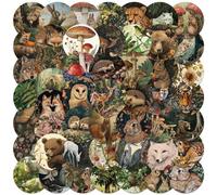 Shein 50 piezas Juego de pegatinas redondas vintage de animales y plantas del bosque, calcomanías de vinilo lindas y estéticas para botellas de agua, portát