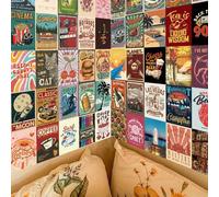 Shein 50 piezas Juego de tarjetas de collage de pared estilo hippie vintage, postales retro bohemias multicolor, adecuadas como arte de pared en salas de es